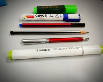 High angle view of colored pencils on table