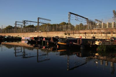 Boats in river against clear sky