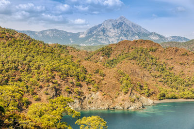 Scenic view of lake and mountains against sky