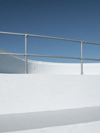 Railing by sea against clear sky