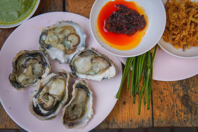 High angle view of meal served on table