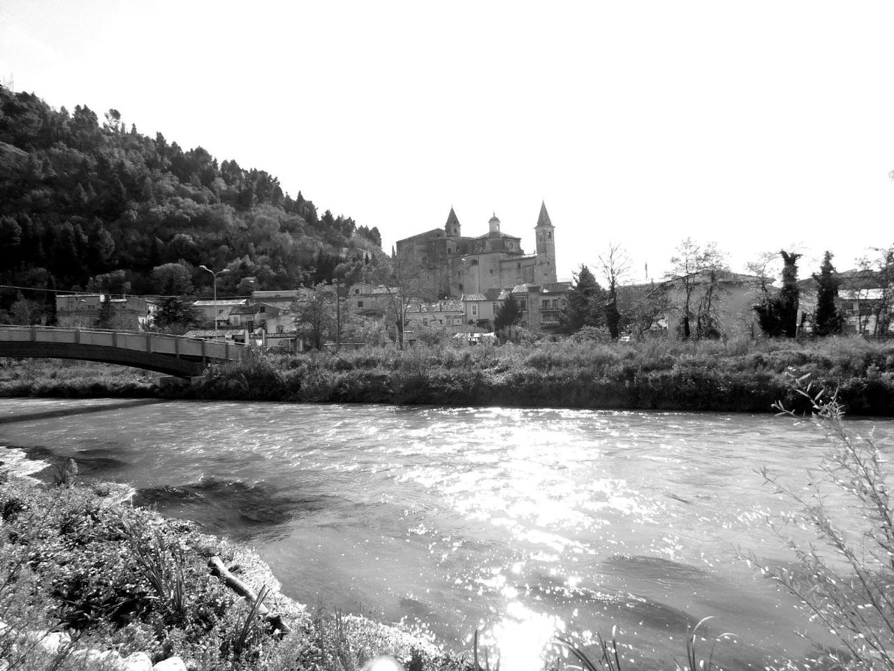 water, river, architecture, no people, nature, clear sky, built structure, outdoors, sky, tree, city, day