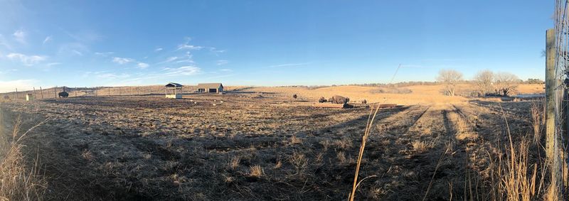 Hay bales on field against sky