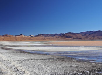 Scenic view of beach against clear blue sky