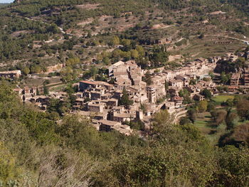 High angle view of buildings in village