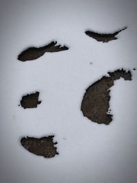 High angle view of footprints on snow covered field