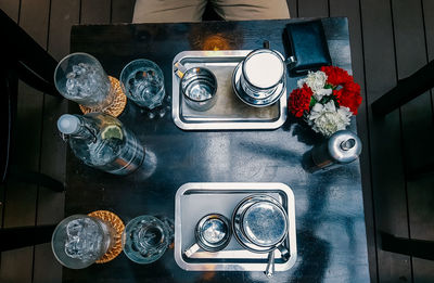 High angle view of wine in glass on table