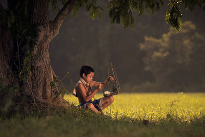 Boy holding birdcage by tree on field
