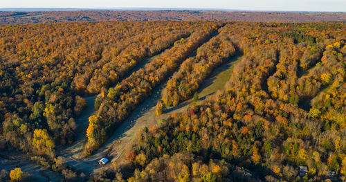 Drone view a of ski resort during the fall off season