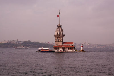 Lighthouse by sea against sky