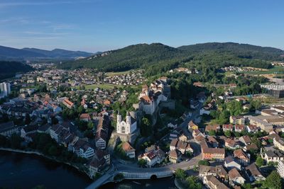 High angle view of townscape against sky