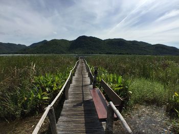 Boardwalk amidst field against sky