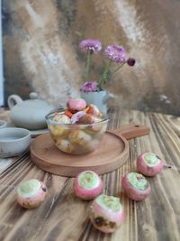 High angle view of ice cream in bowl on table