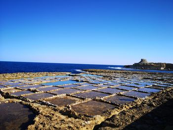 Scenic view of sea against clear blue sky