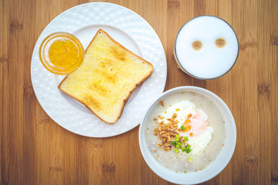 High angle view of breakfast served on table