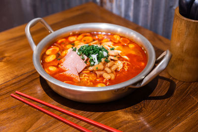 High angle view of meal served in bowl on table