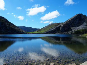 Scenic view of lake and mountains against sky