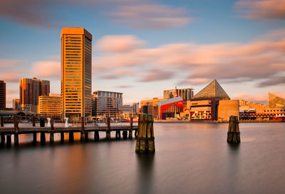 City buildings by river against sky at sunset