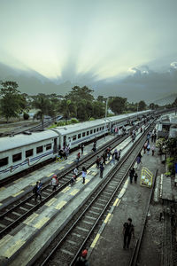 High angle view of train at railroad station