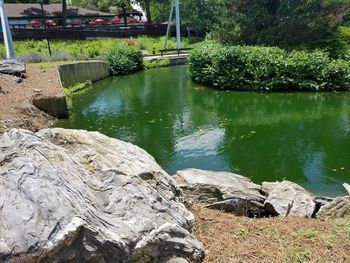 Scenic view of lake against rocks