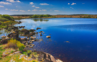 Scenic view of lake against blue sky