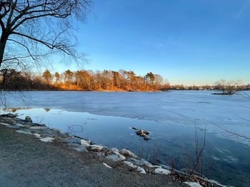 Scenic view of frozen lake against sky during winter