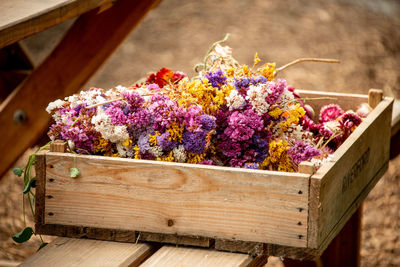 Close-up of purple flowering plants in crate