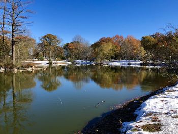 Scenic view of lake against blue sky