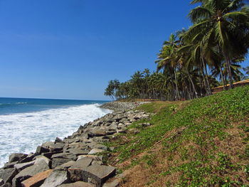 Scenic view of sea against clear blue sky