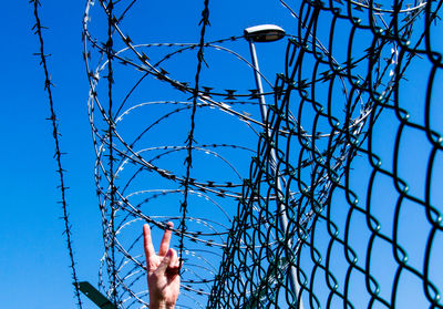 Low angle view of barbed wire against blue sky