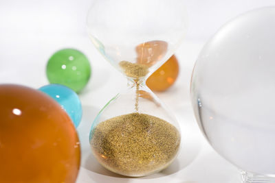 High angle view of eggs in glass on table