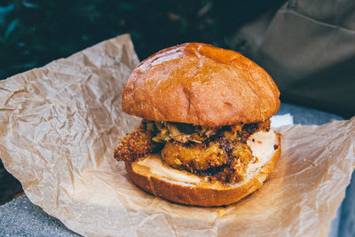 Close-up of burger on table