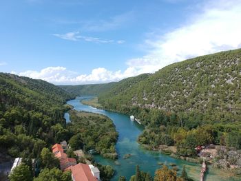 Scenic view of lake and mountains against sky