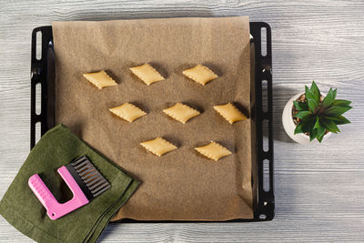 High angle view of objects on table