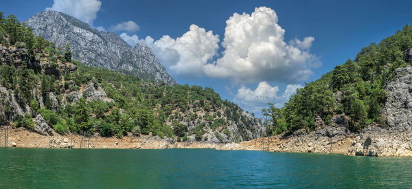 Scenic view of lake and mountains against sky