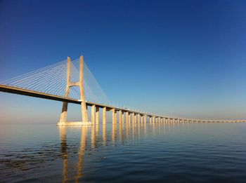 Bridge over calm sea against clear sky