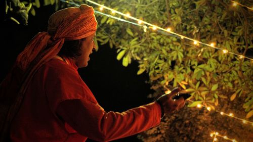 Side view of young man holding plants at night