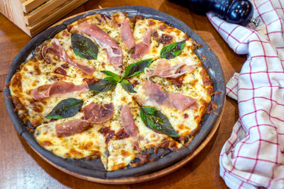 High angle view of pizza on table