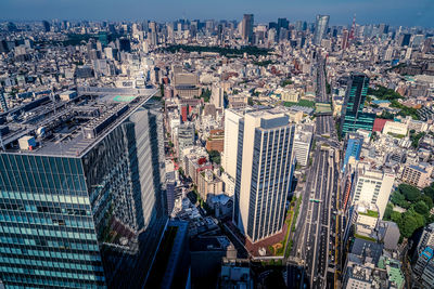 High angle view of buildings in city