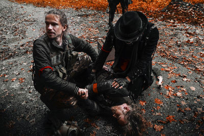 High angle view of friends at camera