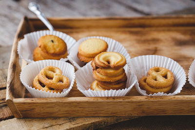 High angle view of cookies in tray on table