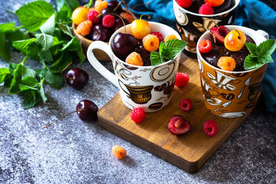 High angle view of fruits in bowl on table