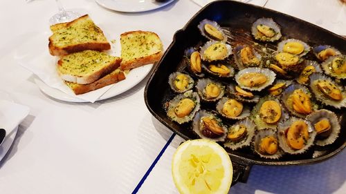 High angle view of breakfast served on table