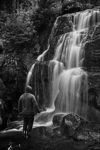 Rear view of man standing in waterfall