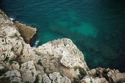 High angle view of rock formation in sea