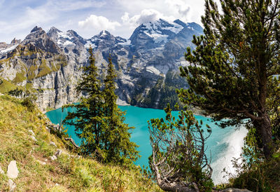 Scenic view of lake by trees against sky