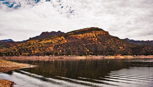 Scenic view of lake and mountains against sky