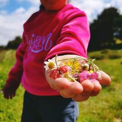 Midsection of person holding flowering plant on field