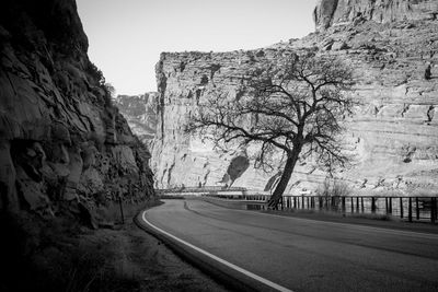 Road amidst bare trees against clear sky