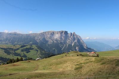 Scenic view of mountains against clear blue sky